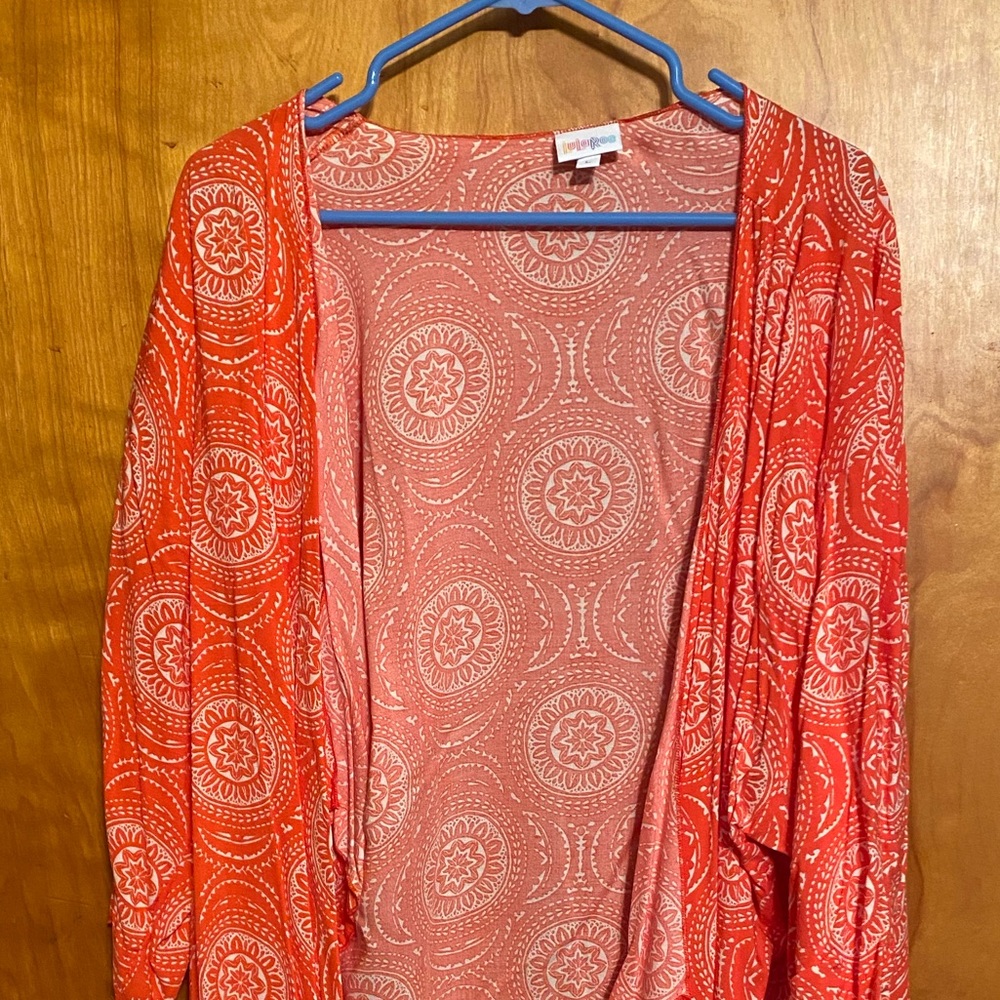 Lularoe large L Shirley cardigan coral/white EUC